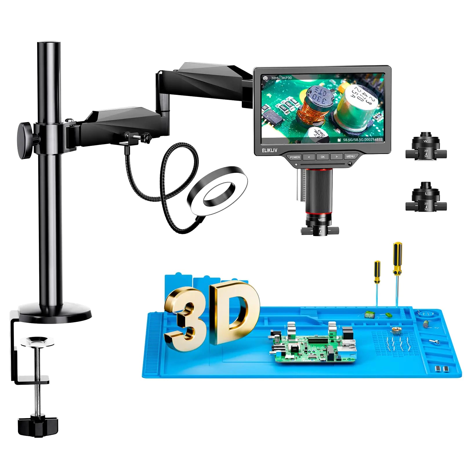 Elikliv 3D Microscope with Magnetic Dual Lens EM3K-3D HDMI Digital Microscope 3K Flex Arm Soldering Microscope 7" Coin Microscope Microscopes with Screen Ring Light Electronics Repair Mat64G