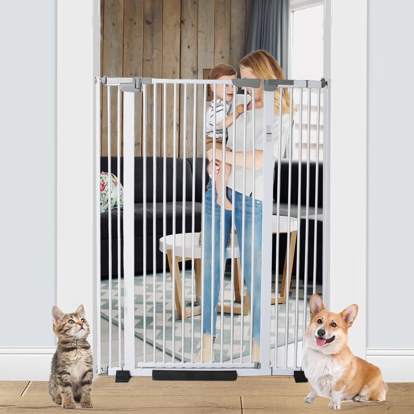 59inch Extra Tall Cat Pet Gate Baby Gate 30.31"-44.07" Auto Close Pet Gate Safety Pet Gates Child Gate for Stairs Doorway House (White 59inch)